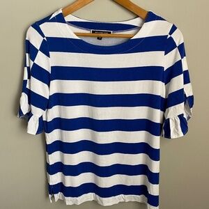 Melanie Lyne Women's Short Ruffled Sleeve Blue + White Stipe T-shirt Size Medium